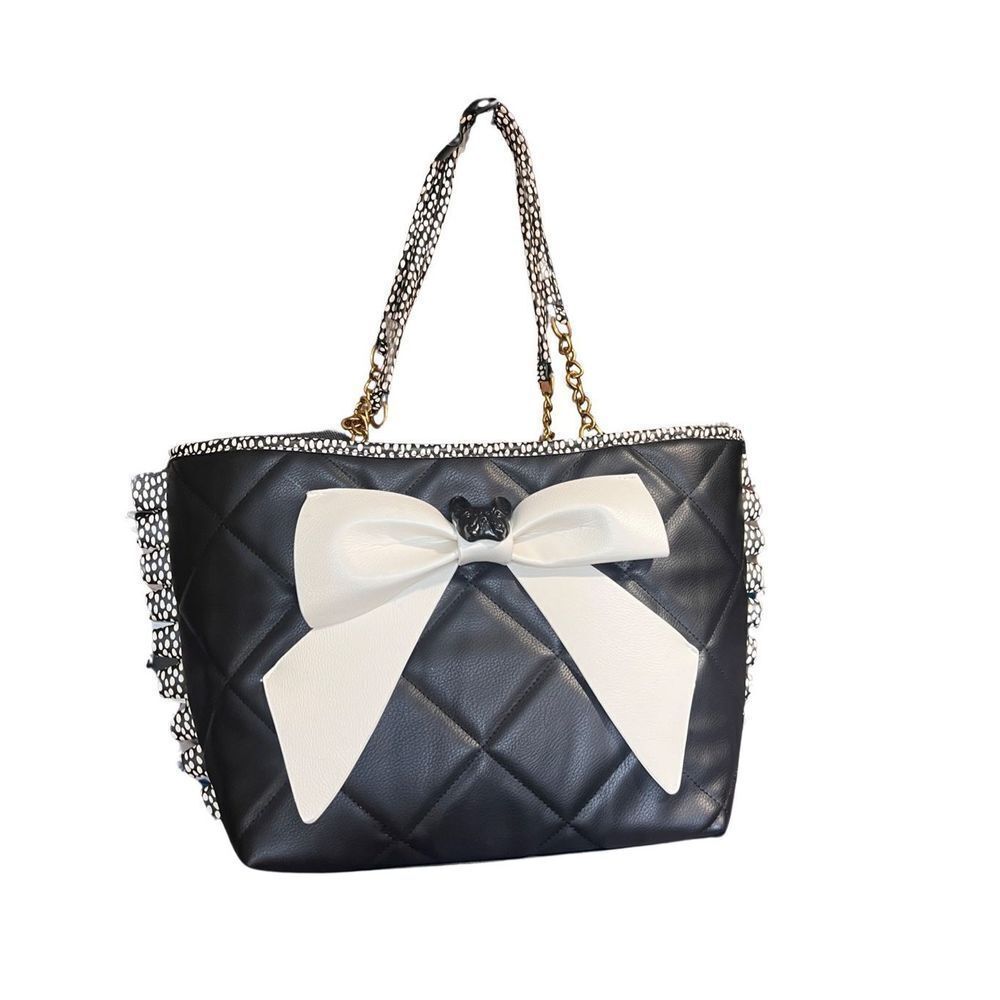 Betsey Johnson Black Quilted Bow Tote Bag Chain Strap Polka Dot Ruffle